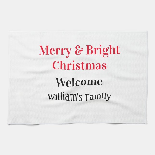 Merry Bright jul - lägg till familj namn välkommen Kökshandduk (Horisontell)
