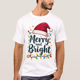 Merry & Bright Jul Shirt - Festive Santa Hat T Shirt