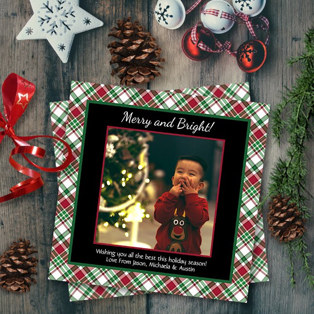 Merry & Bright jul Tartan eller Play Photo Julkort (In Situ with Decorations)