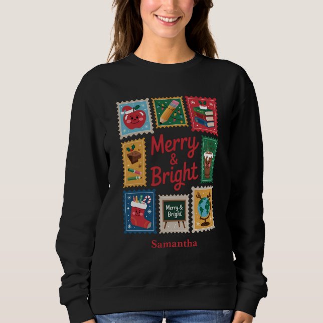Merry & Bright jul Teacher Collage Black T Shirt (Framsida)