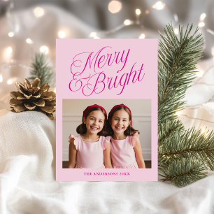Merry & Bright Kalligrafi Rosa Foto Julkort