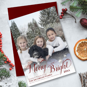 Merry & Bright Kalligrafi Skrift Burgunder Foto Julkort