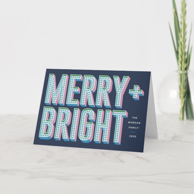 Merry + Bright Marquet Greeting Card - Blue Inbjudan (Framsida)