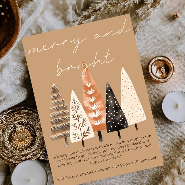 Merry & Bright Minimalist Boho Tan Jul Cute Julkort (Skapare uppladdad)