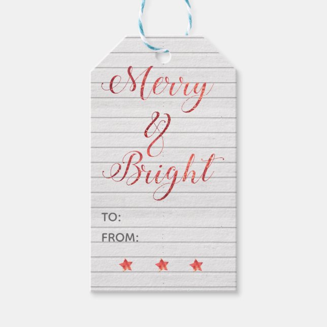 Merry Bright Modern Calligraphy Red Bokeh Presentetikett (Framsidan)