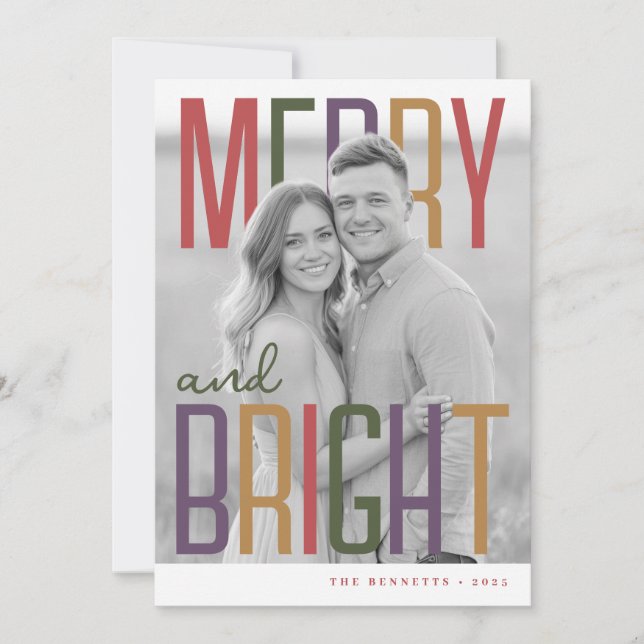 Merry & Bright Modern Colorful Photo Holiday Card Julkort (Framsida)