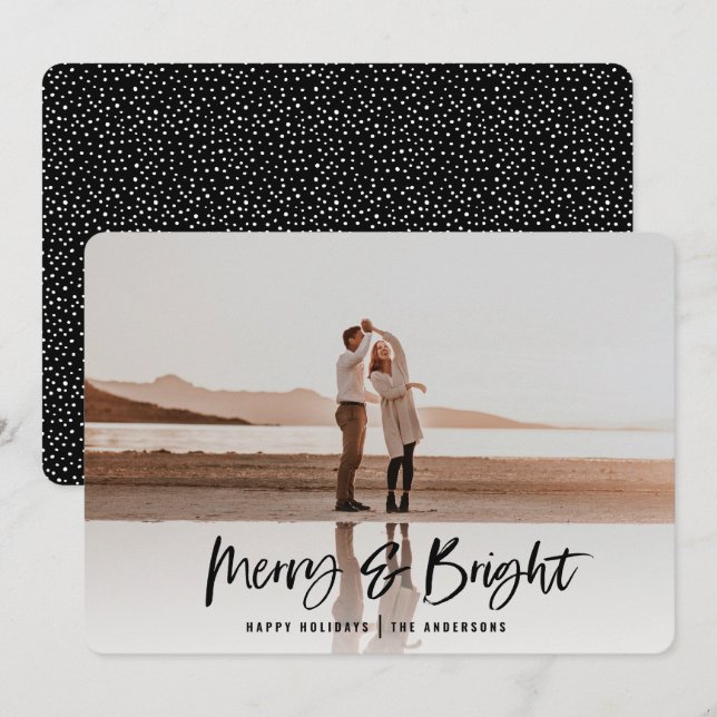 Merry & Bright modern fotojulklapp Julkort (Fram/baksida)