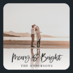 Merry & Bright modern fotojulmas Fyrkantigt Klistermärke<br><div class="desc">Märk och ljus modern fotodekal för helgdag. Modern svartvit och svart helgdag. Skripttext med ett modernt kant.</div>