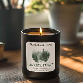 Merry & Bright Modern Pine Trees Candle Label Fyrkantigt Klistermärke