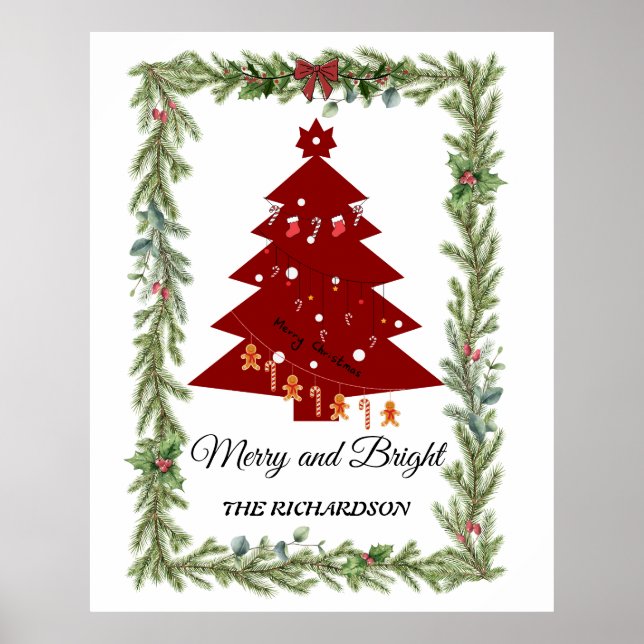 Merry & Bright Modern Red Christmas Tree & Script Poster (Framsidan)
