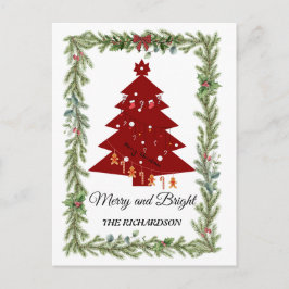 Merry & Bright Modern Red Christmas Tree & Script Vykort