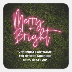 Merry + Bright Neon Sign Boxwood jul Adress Fyrkantigt Klistermärke