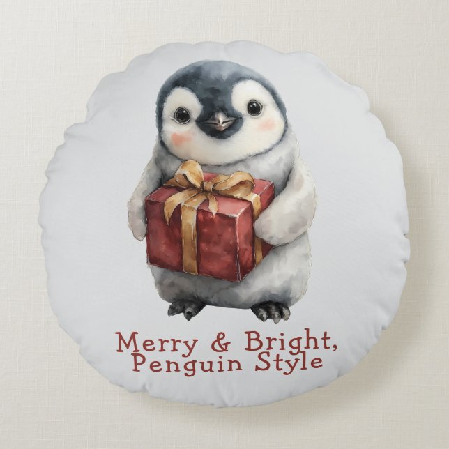 Merry & Bright Penguin Christmas Rund Kudde (Framsidan)