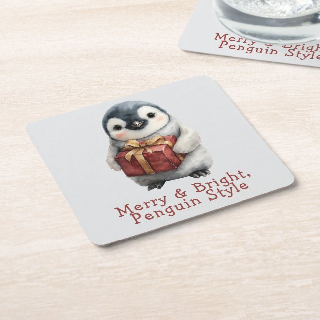 Merry & Bright Penguin Christmas Underlägg Papper Kvadrat (Vinklad)