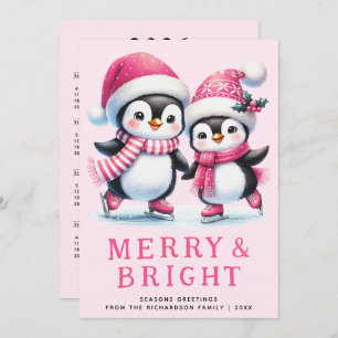 Merry & Bright Penguin Ice Skater Rosa jul Julkort