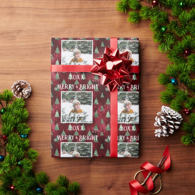 Merry & Bright Photo Red Metallic Glitter Presentpapper (Julgåva)