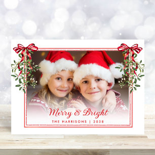 Merry Bright Red Bows Greenery Photo jul Julkort