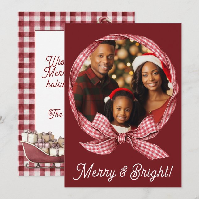 Merry & Bright Red Gingham Photo Holiday Christmas Julkort (Fram/baksida)