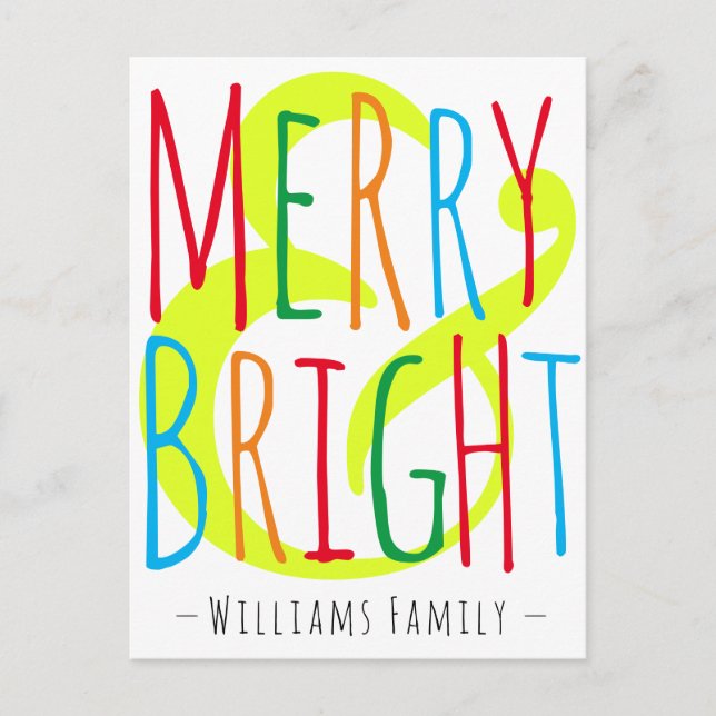 Merry & Bright Red Grönt Blue Typography Namn Helg Vykort (Framsida)