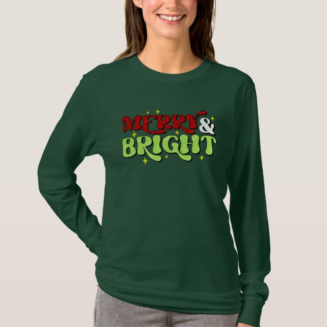 Merry & Bright - Retro jul Glad helg T Shirt (Framsida)