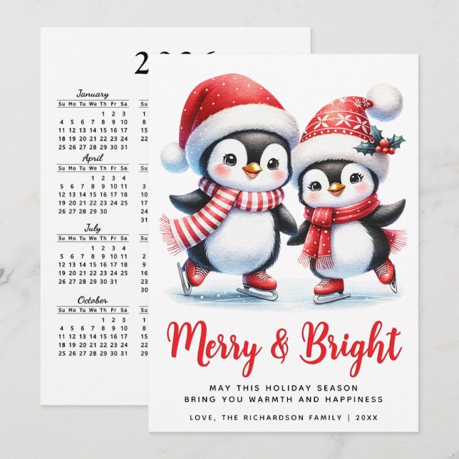 Merry Bright Roligt Penguins White Red-jul Julkort (Fram/baksida)