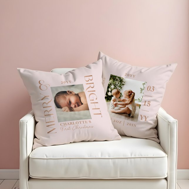 Merry & Bright Rosa Baby Första julfotona Kudde (Merry & Bright Pink Baby First Christmas Photos Throw Pillow)