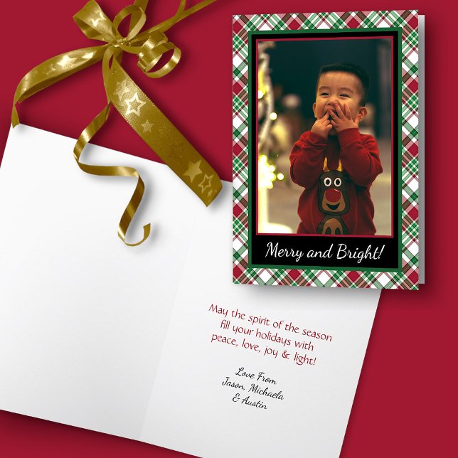 Merry & Bright Rustic Tartan eller Play Photo Helgkort (In Situ with Ribbon)