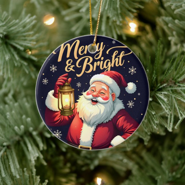 Merry Bright Santa Holding Lantern Illustration Julgransprydnad Keramik (Träd)
