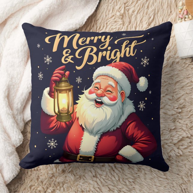 Merry Bright Santa Holding Lantern Illustration Kudde (Filt)