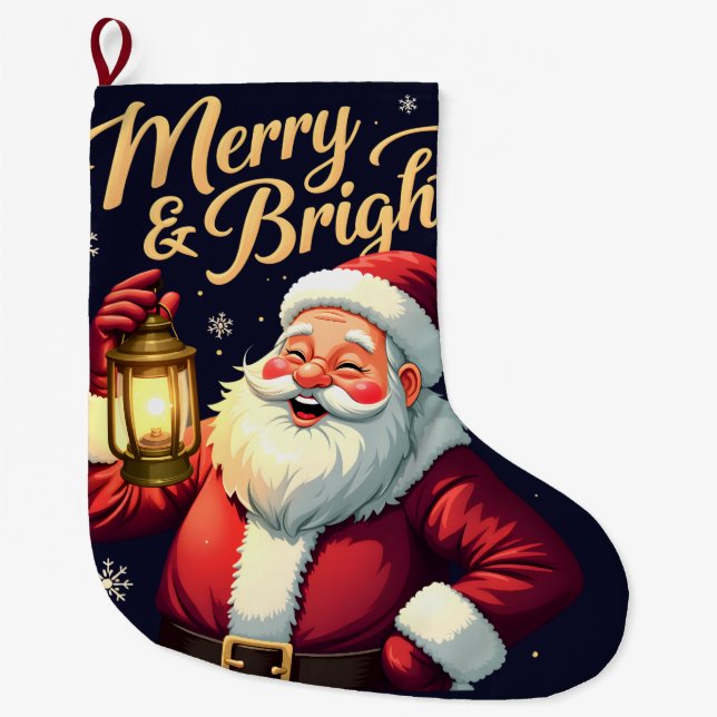 Merry Bright Santa Holding Lantern Illustration Stor Julstrumpa (Framsidan)