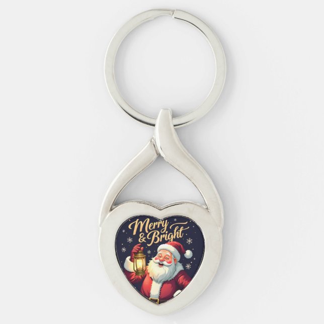 Merry Bright Santa Holding Lantern Illustration Twisted Heart Silverfärgad Nyckelring (Framsidan)