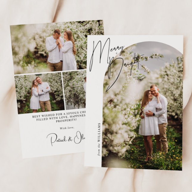 Merry + Bright Script Bögen Foto Julkort (Skapare uppladdad)