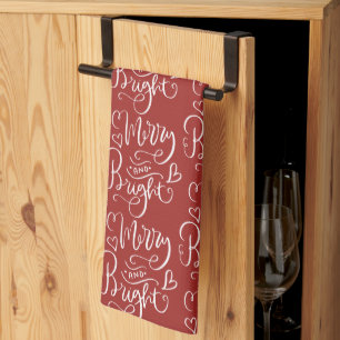 Merry & Bright Script Calligraphy Red Jul Kökshandduk
