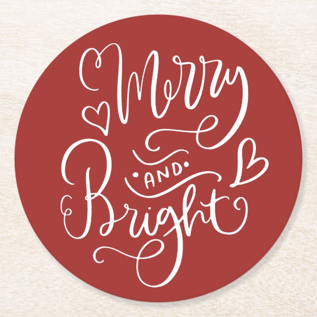 Merry & Bright Script Calligraphy Red Jul Underlägg Papper Rund (Framsidan)