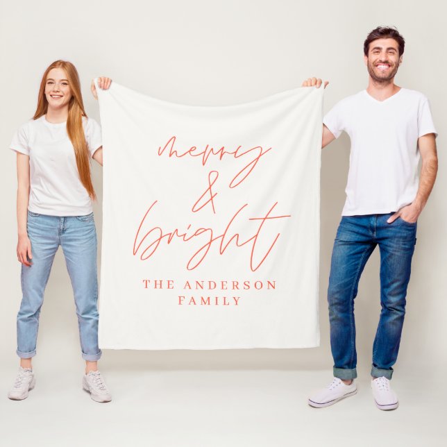 Merry & Bright-skript text röd och vit jul Fleecefilt (På plats)