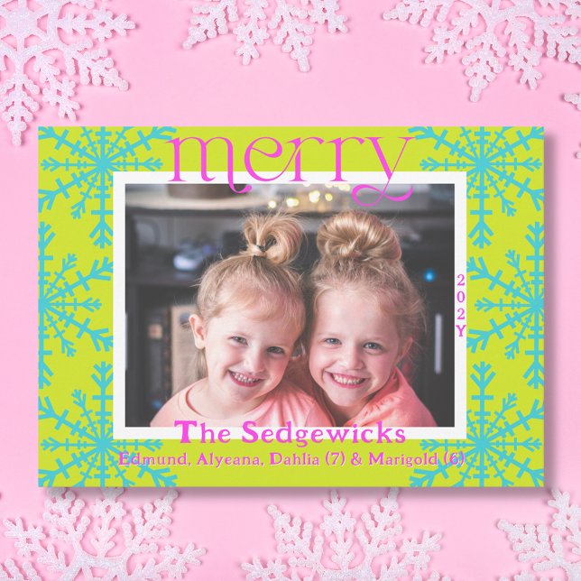 Merry Bright Snowflake Modern Maximal Photo Julkort (Bright Merry Snowflakes photo card in pear green, turquoise, and fuchsia.)