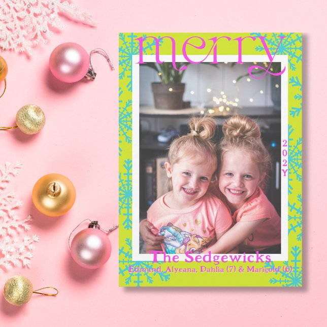 Merry Bright Snowflake Modern Maximal Photo Julkort (Bright Merry Snowflakes photo card in pear green, turquoise, and fuchsia.)