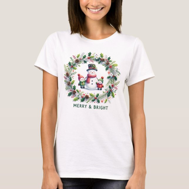 "Merry & Bright" Snowmanand children T-Shirt (Framsida)