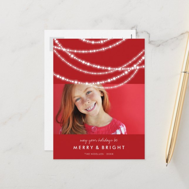 Merry & Bright Sparkles Chic Red julfoto Helg Vykort (Fram/Back In Situ)