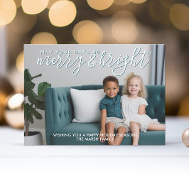Merry & Bright Teal Calligraphy - julfoto Julkort
