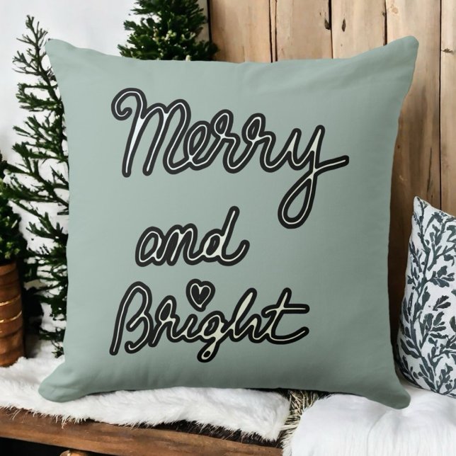 Merry Bright typography sage green black white Kudde (Skapare uppladdad)