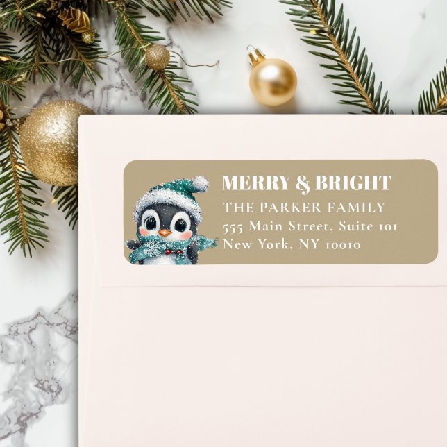 MERRY & BRIGHT! Underbart, Penguin med tomten Returadress Etikett (MERRY & BRIGHT! Adorable, Penguin With Santa Hat, Address Return Label.)