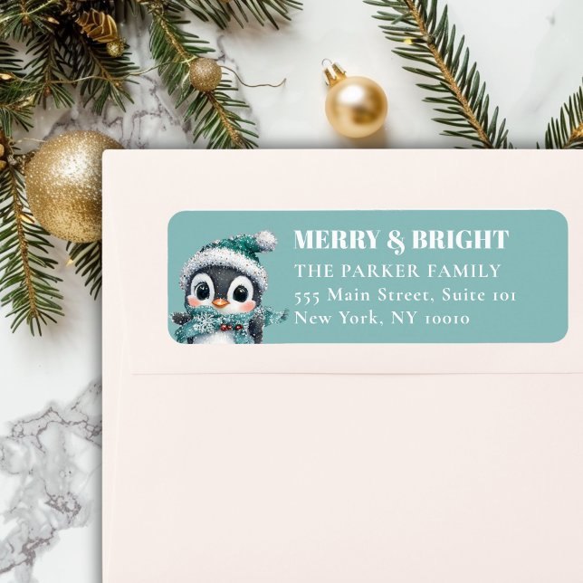 MERRY & BRIGHT! Underbart, Penguin med tomten Returadress Etikett (MERRY & BRIGHT! Adorable, Penguin With Santa Hat, Address Return Label.)