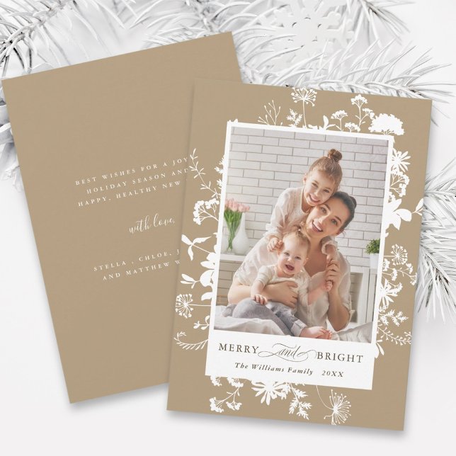 Merry & Bright Wildblomsihouette Photo Tan Julkort (Front & Back)