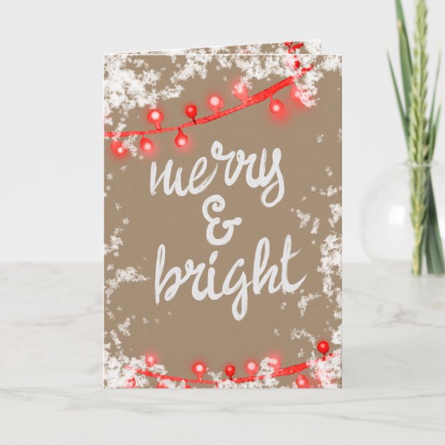 Merry & Bright Writing Red Snowy Träd Ljus Kraft Helgkort (Framsida)