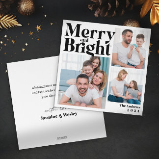 Merry & BrightStor 3-familjens fotokollage jul Julkort