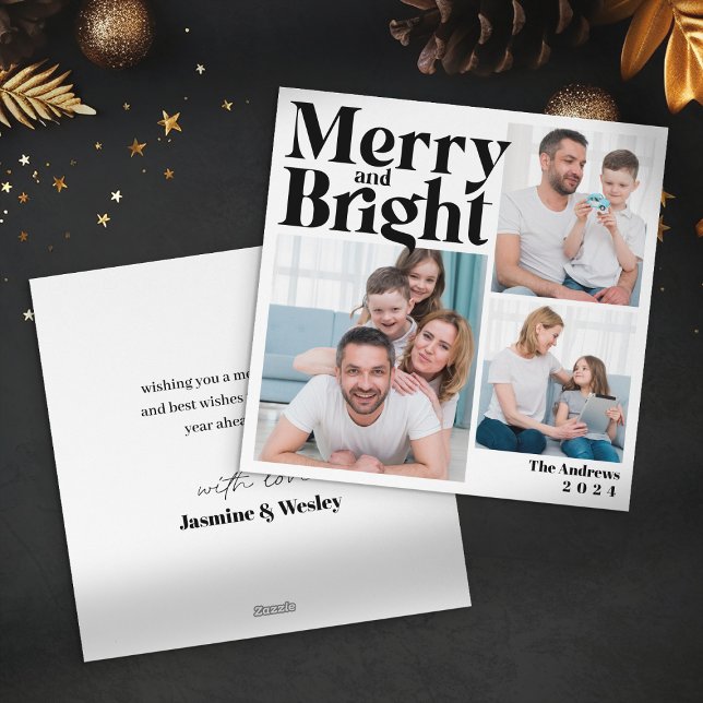 Merry & BrightStor 3-familjens fotokollage jul Julkort (Skapare uppladdad)