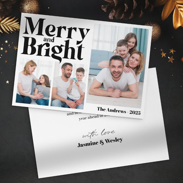 Merry & BrightStor 3-familjens fotokollage jul Julkort (Skapare uppladdad)