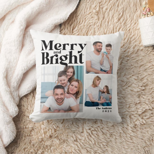 Merry & BrightStor 3-familjens fotokollage jul Kudde (Filt)