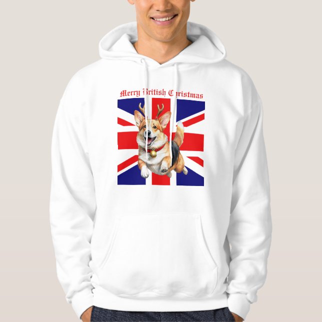 Merry British jul Corgi Reindeer Antlers Hoodie (Framsida)